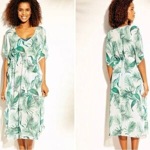 Kona Sol Tropical Beachy Vacation White Palm Kaftan Swim Cover Up size L